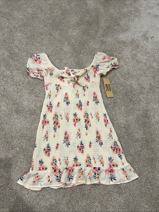 Madden Nyc Dresses & Skirts - NYC Girls Cream Floral Smocked Mini Dress with Pink Blooms